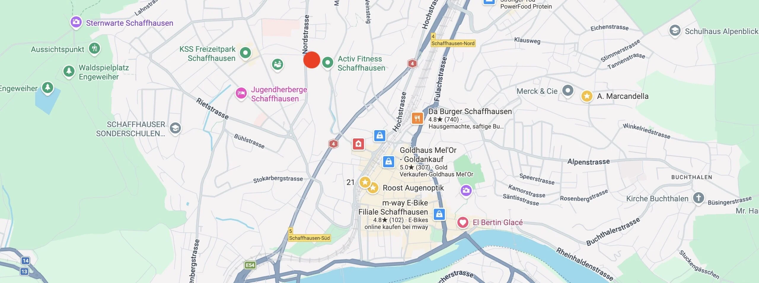 Kartenausschnitt von Schaffhausen mit Straßen und Markierungen